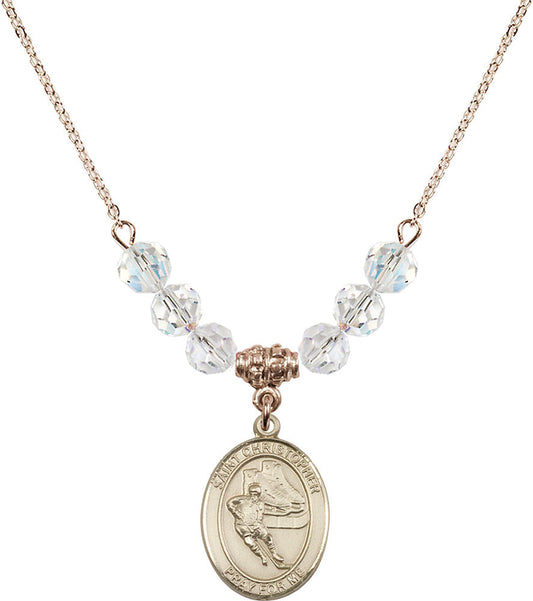 14kt Gold Filled Saint Christopher/Hockey Birthstone Necklace with Crystal Beads - 8504
