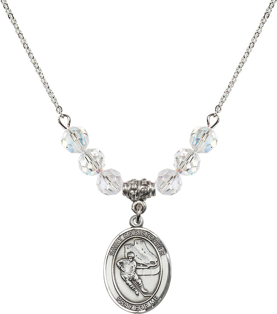 Sterling Silver Saint Christopher/Hockey Birthstone Necklace with Crystal Beads - 8504