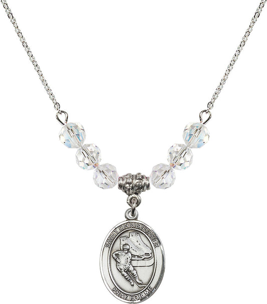 Sterling Silver Saint Christopher/Hockey Birthstone Necklace with Crystal Beads - 8504