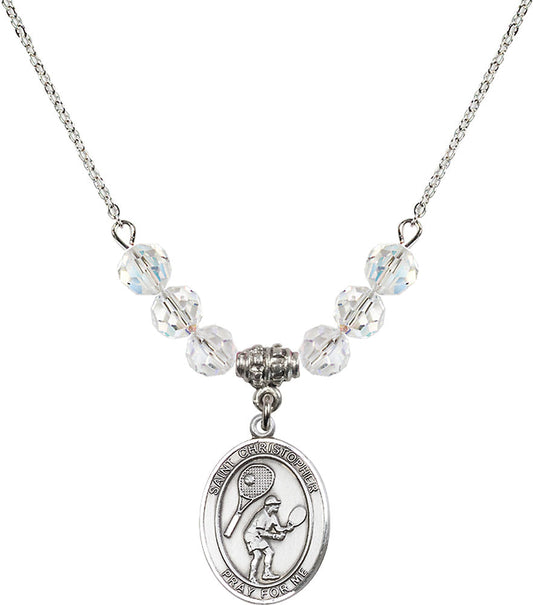 Sterling Silver Saint Christopher/Tennis Birthstone Necklace with Crystal Beads - 8505