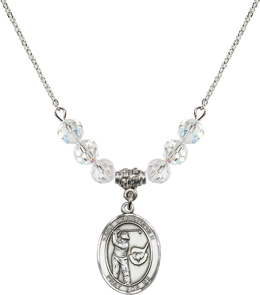 Sterling Silver Saint Christopher/Golf Birthstone Necklace with Crystal Beads - 8506