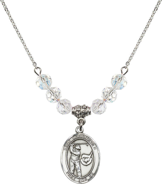 Sterling Silver Saint Christopher/Golf Birthstone Necklace with Crystal Beads - 8506