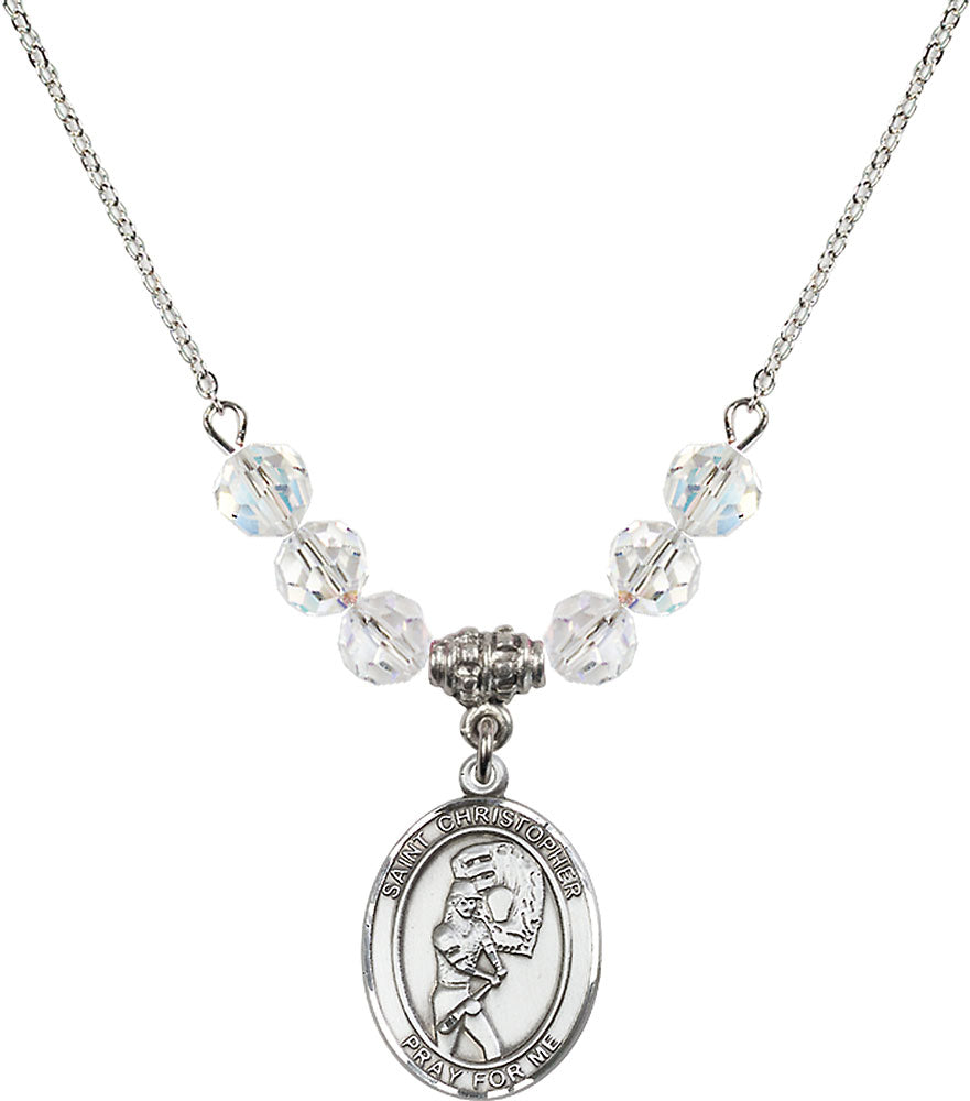 Sterling Silver Saint Christopher/Softball Birthstone Necklace with Crystal Beads - 8507