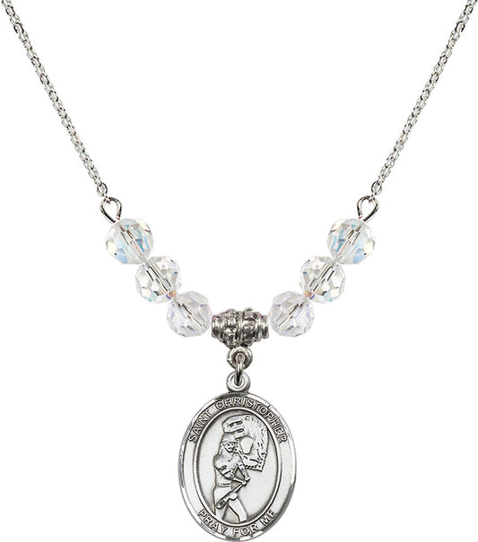 Sterling Silver Saint Christopher/Softball Birthstone Necklace with Crystal Beads - 8507