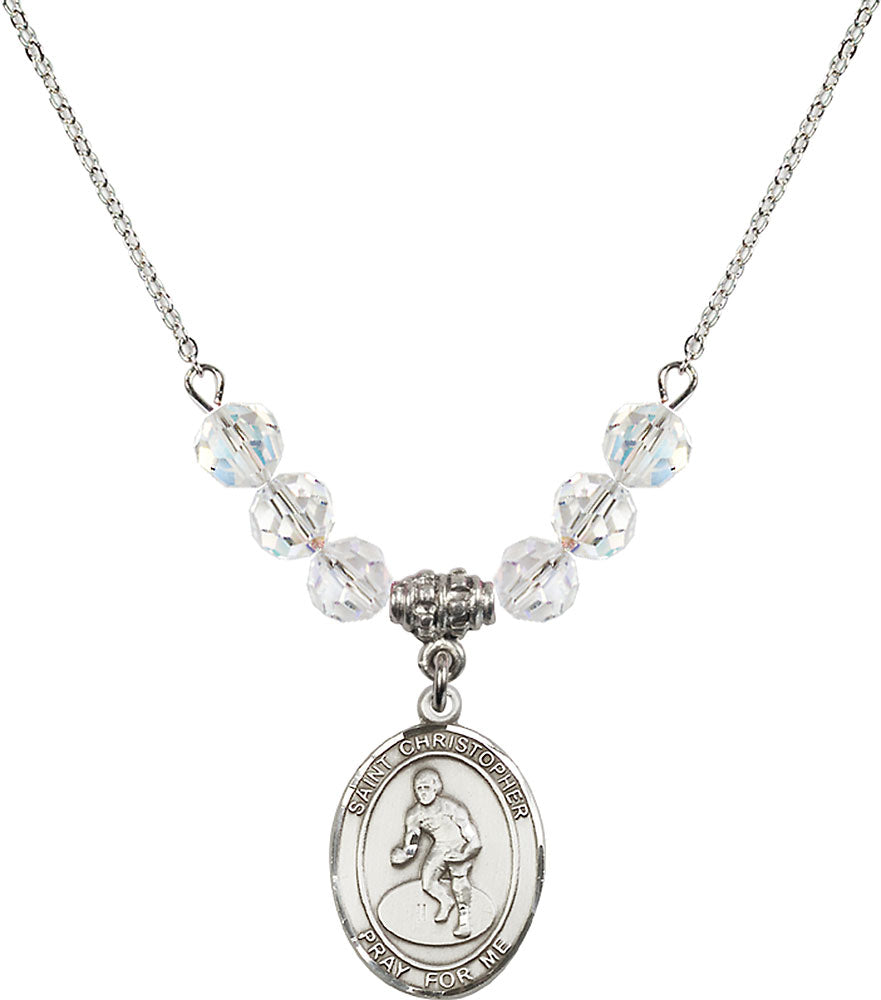 Sterling Silver Saint Christopher/Wrestling Birthstone Necklace with Crystal Beads - 8508