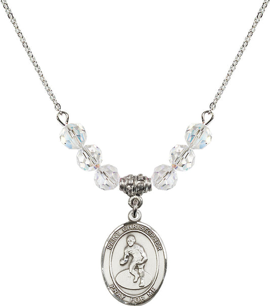 Sterling Silver Saint Christopher/Wrestling Birthstone Necklace with Crystal Beads - 8508