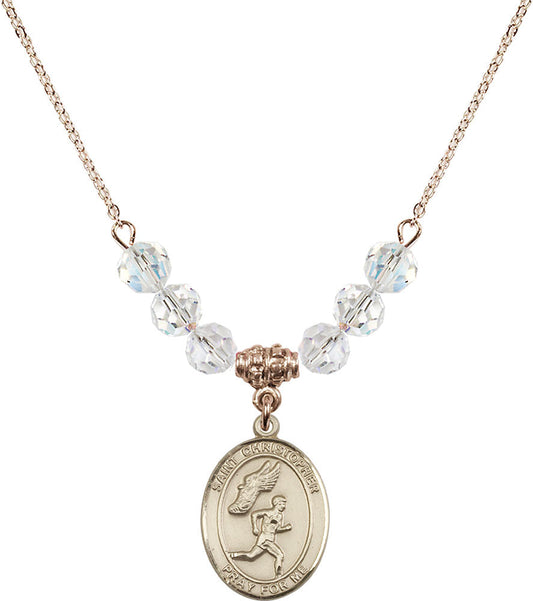 14kt Gold Filled Saint Christopher/Track&Field-Men Birthstone Necklace with Crystal Beads - 8509