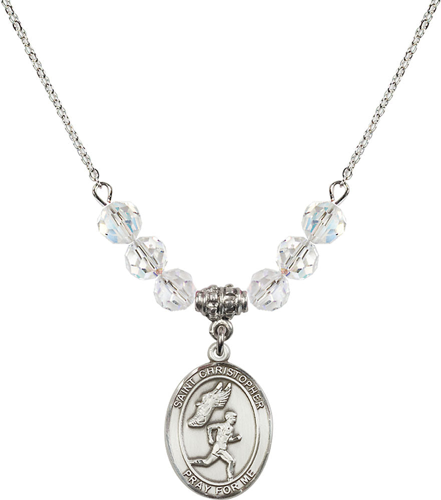 Sterling Silver Saint Christopher/Track&Field-Men Birthstone Necklace with Crystal Beads - 8509