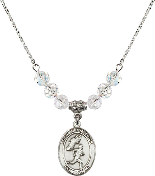 Sterling Silver Saint Christopher/Track&Field-Men Birthstone Necklace with Crystal Beads - 8509