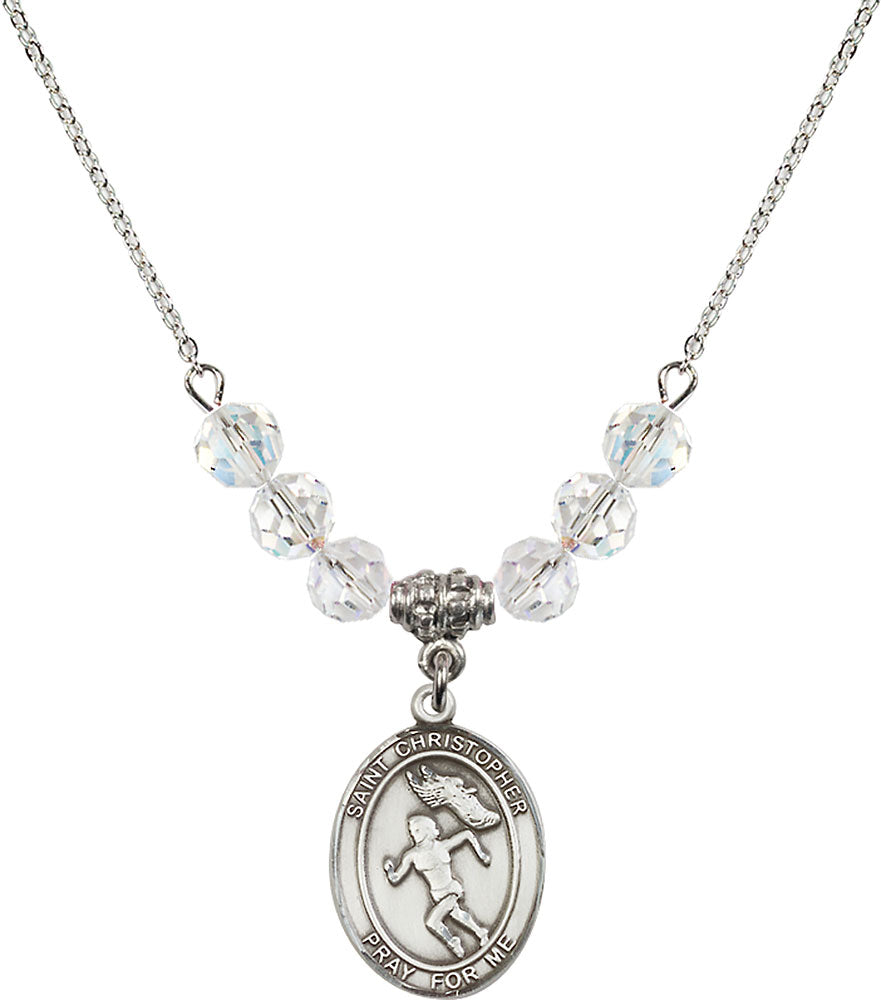 Sterling Silver Saint Christopher/Track&Field-Women Birthstone Necklace with Crystal Beads - 8510