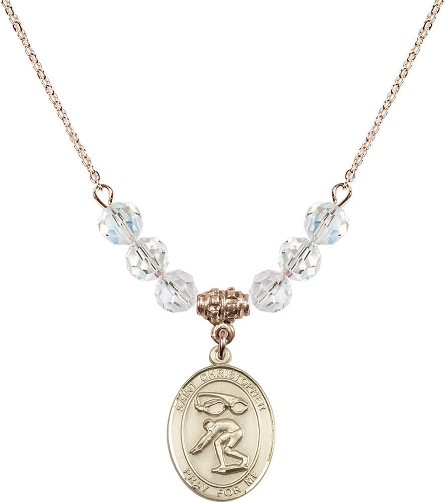 14kt Gold Filled Saint Christopher/Swimming Birthstone Necklace with Crystal Beads - 8511