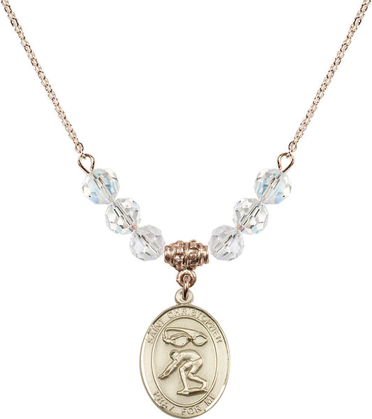 14kt Gold Filled Saint Christopher/Swimming Birthstone Necklace with Crystal Beads - 8511