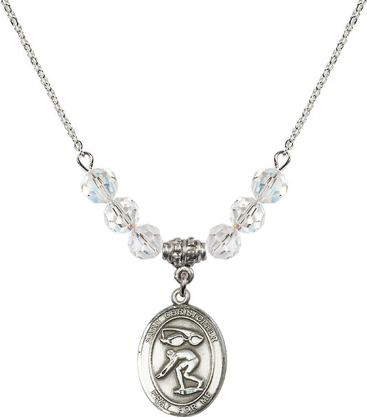 Sterling Silver Saint Christopher/Swimming Birthstone Necklace with Crystal Beads - 8511