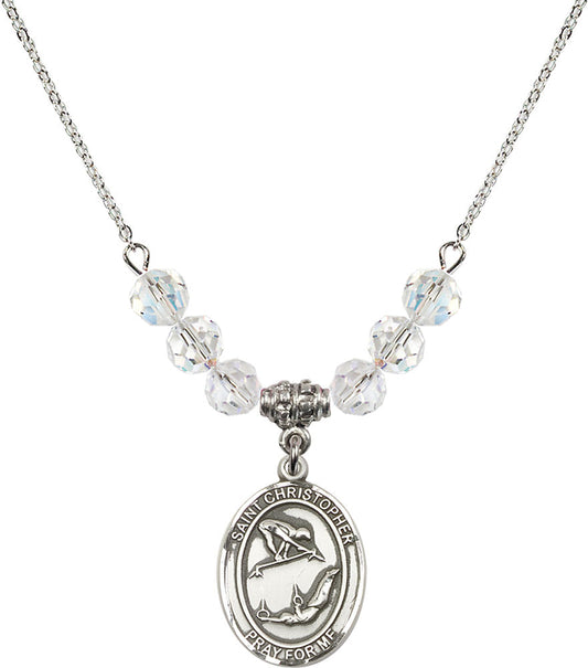 Sterling Silver Saint Christopher/Gymnastics Birthstone Necklace with Crystal Beads - 8513