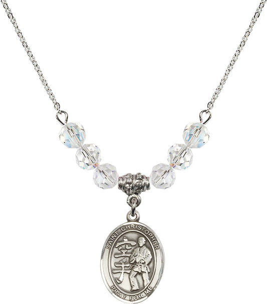 Sterling Silver Saint Christopher / Karate Birthstone Necklace with Crystal Beads - 8515
