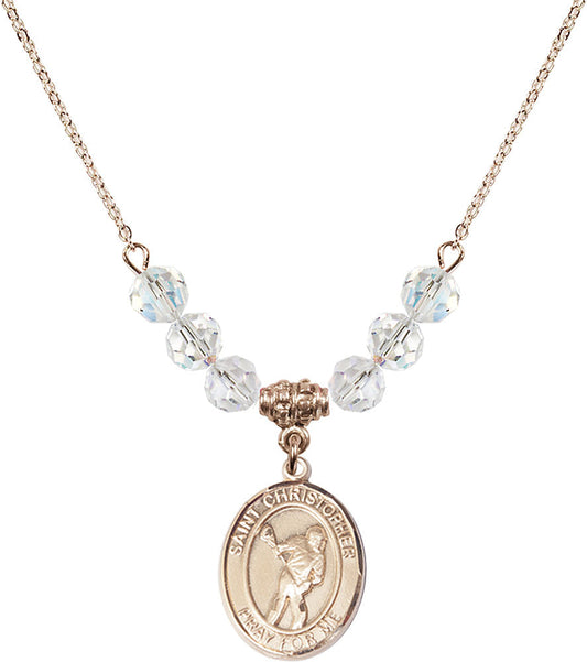 14kt Gold Filled Saint Christopher/Lacrosse Birthstone Necklace with Crystal Beads - 8516