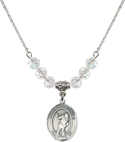 Sterling Silver Saint Christopher/Lacrosse Birthstone Necklace with Crystal Beads - 8516
