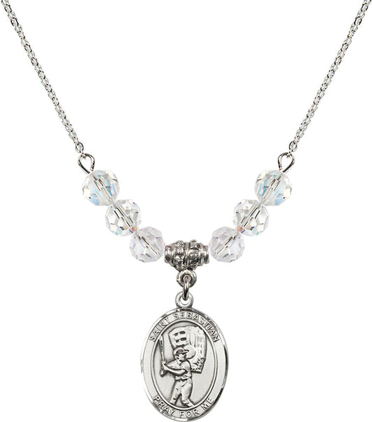 Sterling Silver Saint Sebastian / Baseball Birthstone Necklace with Crystal Beads - 8600