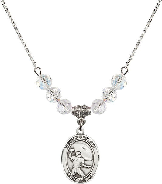 Sterling Silver Saint Sebastian / Football Birthstone Necklace with Crystal Beads - 8601