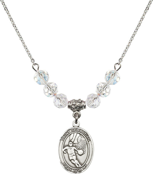 Sterling Silver Saint Sebastian/Basketball Birthstone Necklace with Crystal Beads - 8602