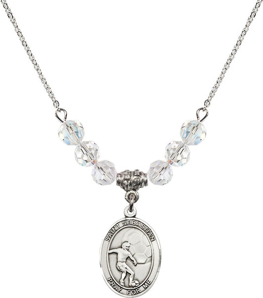 Sterling Silver Saint Sebastian / Soccer Birthstone Necklace with Crystal Beads - 8603