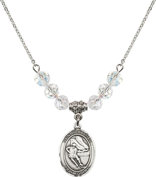 Sterling Silver Saint Sebastian / Hockey Birthstone Necklace with Crystal Beads - 8604