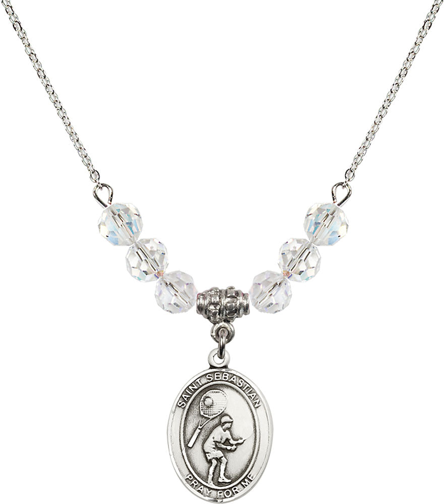 Sterling Silver Saint Sebastian / Tennis Birthstone Necklace with Crystal Beads - 8605