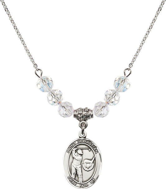 Sterling Silver Saint Sebastian / Golf Birthstone Necklace with Crystal Beads - 8606