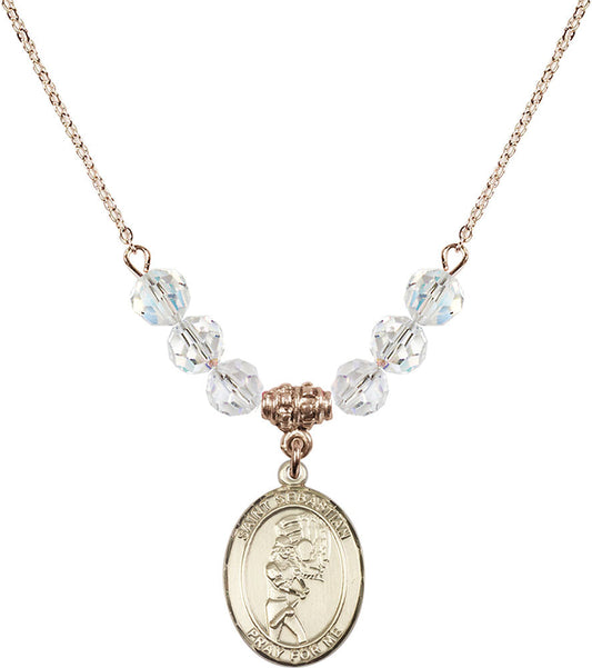 14kt Gold Filled Saint Sebastian/Softball Birthstone Necklace with Crystal Beads - 8607