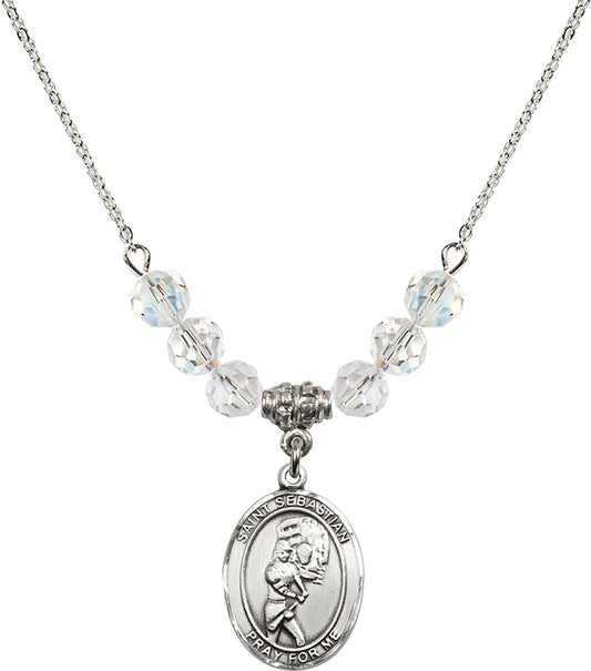 Sterling Silver Saint Sebastian/Softball Birthstone Necklace with Crystal Beads - 8607