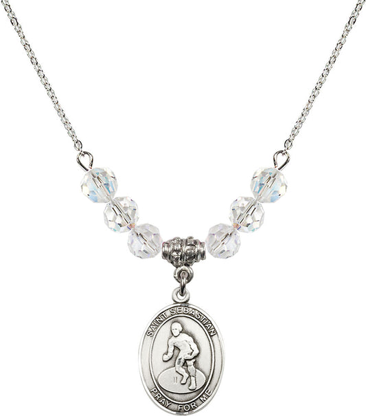 Sterling Silver Saint Sebastian/Wrestling Birthstone Necklace with Crystal Beads - 8608