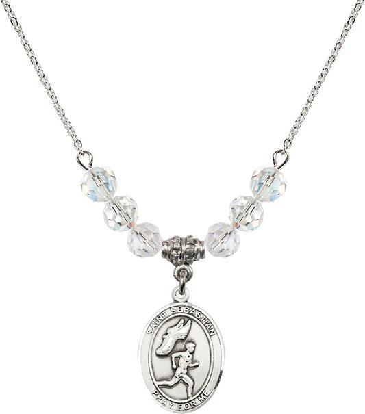 Sterling Silver Saint Sebastian /Track&Field-Men Birthstone Necklace with Crystal Beads - 8609