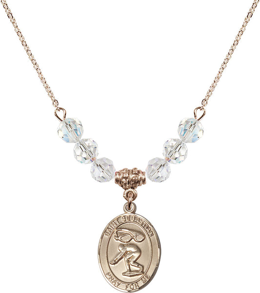 14kt Gold Filled Saint Sebastian/Swimming Birthstone Necklace with Crystal Beads - 8611
