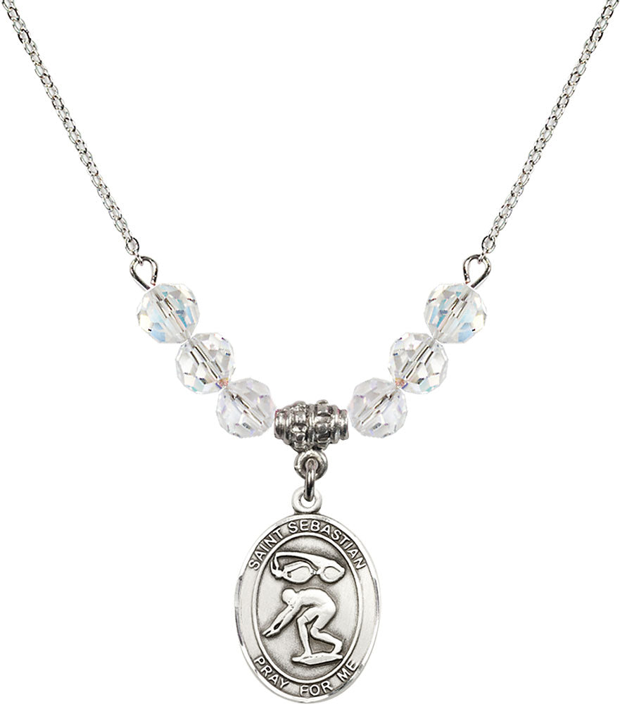 Sterling Silver Saint Sebastian/Swimming Birthstone Necklace with Crystal Beads - 8611