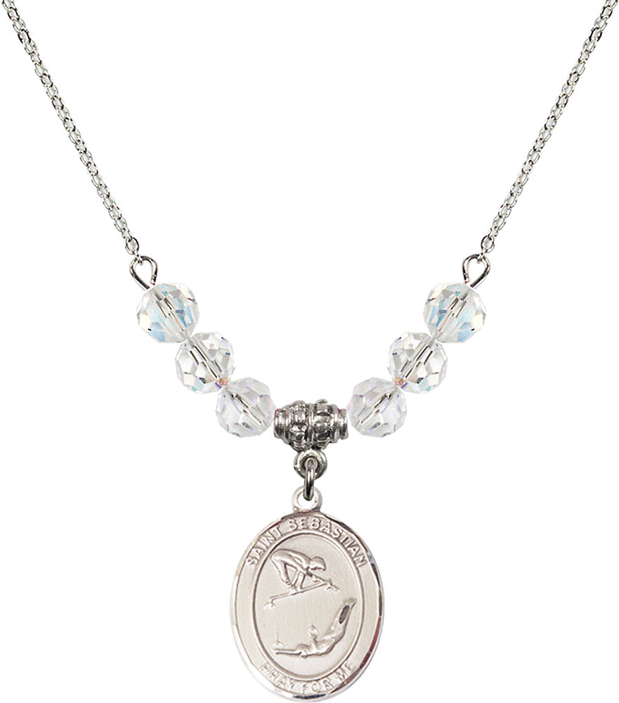 Sterling Silver Saint Sebastian/Gymnastics Birthstone Necklace with Crystal Beads - 8613