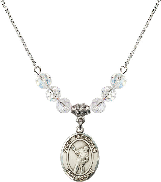 Sterling Silver Saint Sebastian/Lacrosse Birthstone Necklace with Crystal Beads - 8616