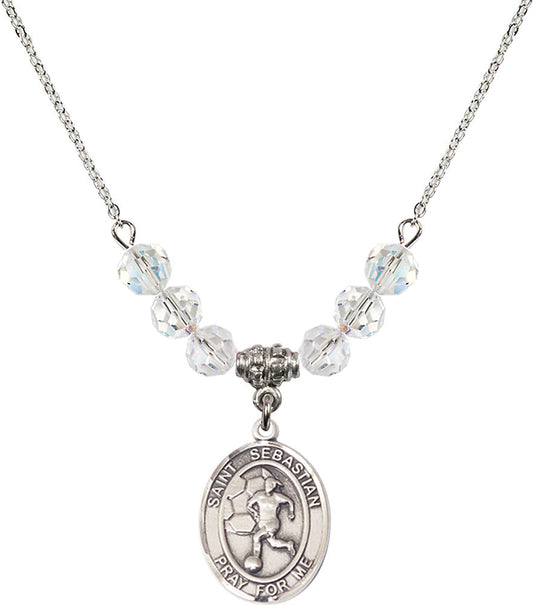 Sterling Silver Saint Sebastian/Soccer-Women Birthstone Necklace with Crystal Beads - 8617