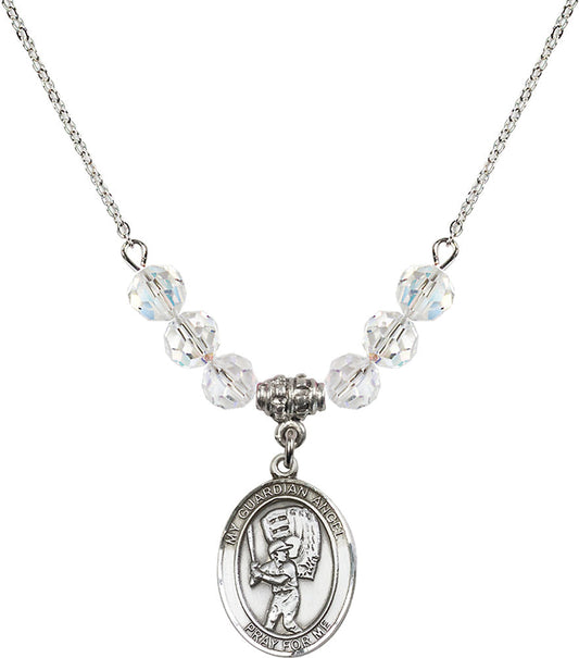 Sterling Silver Guardian Angel/Baseball Birthstone Necklace with Crystal Beads - 8700