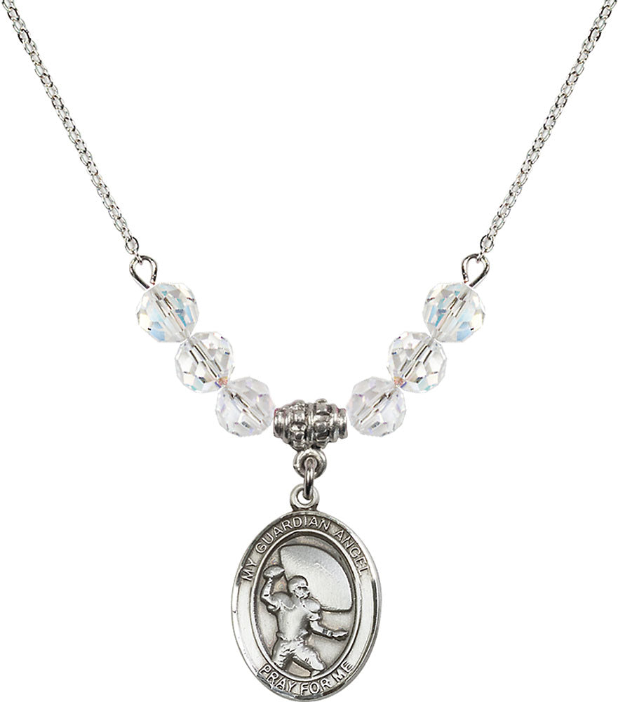 Sterling Silver Guardian Angel/Football Birthstone Necklace with Crystal Beads - 8701