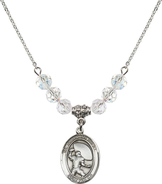Sterling Silver Guardian Angel/Football Birthstone Necklace with Crystal Beads - 8701