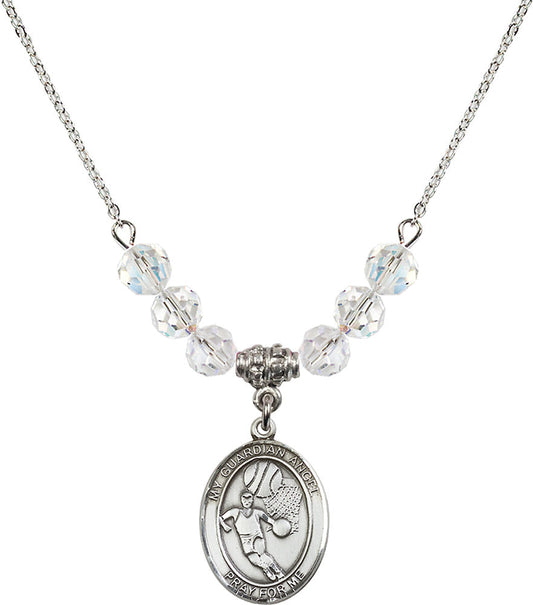 Sterling Silver Guardian Angel/Basketball Birthstone Necklace with Crystal Beads - 8702