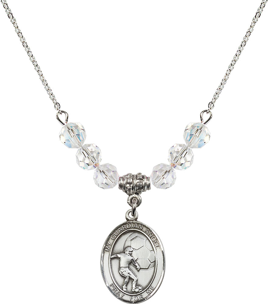 Sterling Silver Guardian Angel/Soccer Birthstone Necklace with Crystal Beads - 8703