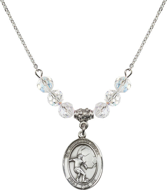 Sterling Silver Guardian Angel/Soccer Birthstone Necklace with Crystal Beads - 8703