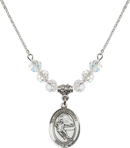 Sterling Silver Guardian Angel/Hockey Birthstone Necklace with Crystal Beads - 8704