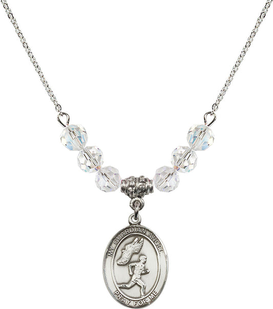 Sterling Silver Guardian Angel/Track&Field-Men Birthstone Necklace with Crystal Beads - 8709
