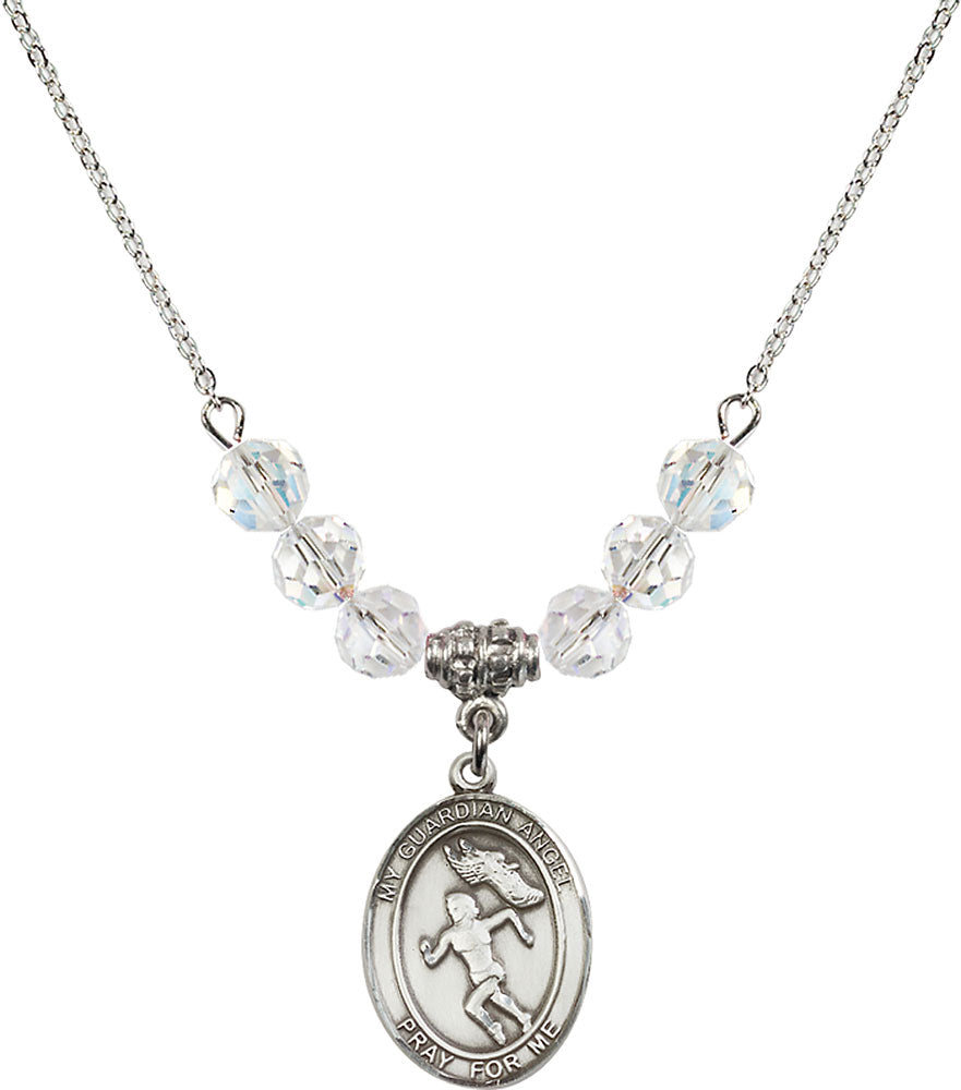 Sterling Silver Guardian Angel/Track&Field-Women Birthstone Necklace with Crystal Beads - 8710