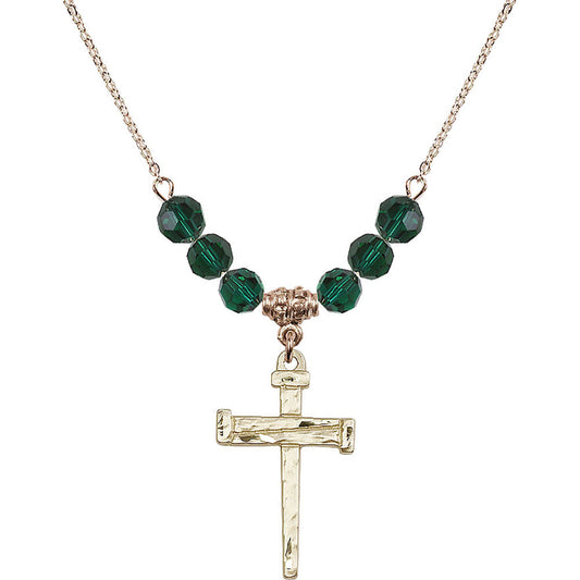 14kt Gold Filled Nail Cross Birthstone Necklace with Emerald Beads - 0013