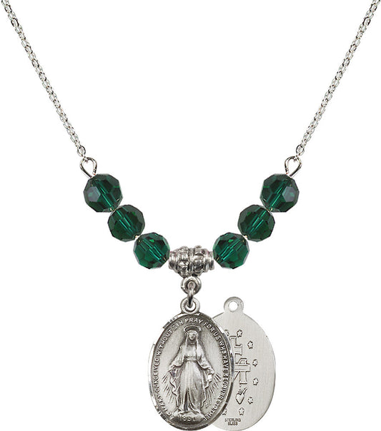 Sterling Silver Miraculous Birthstone Necklace with Emerald Beads - 0015