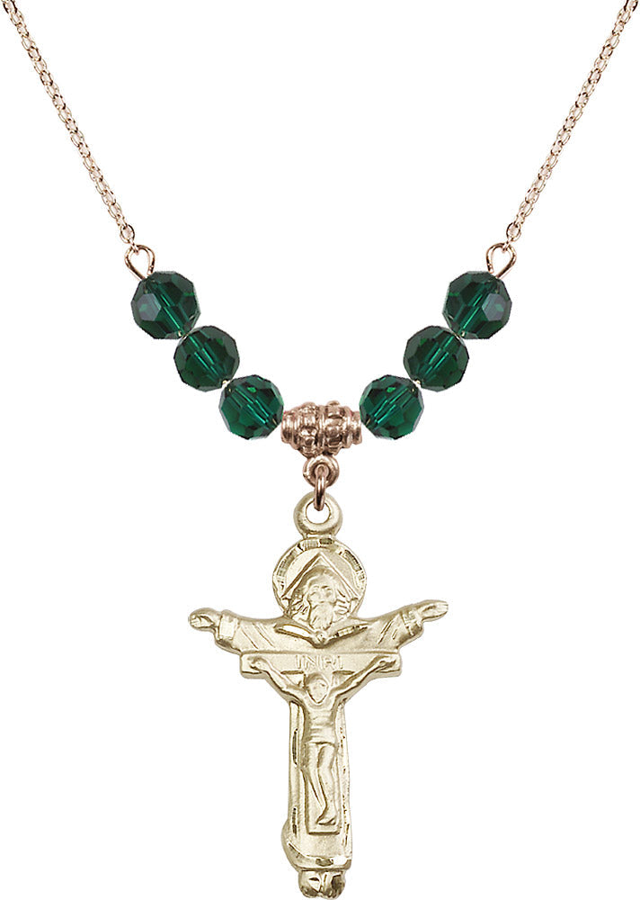 14kt Gold Filled Trinity Crucifix Birthstone Necklace with Emerald Beads - 0065