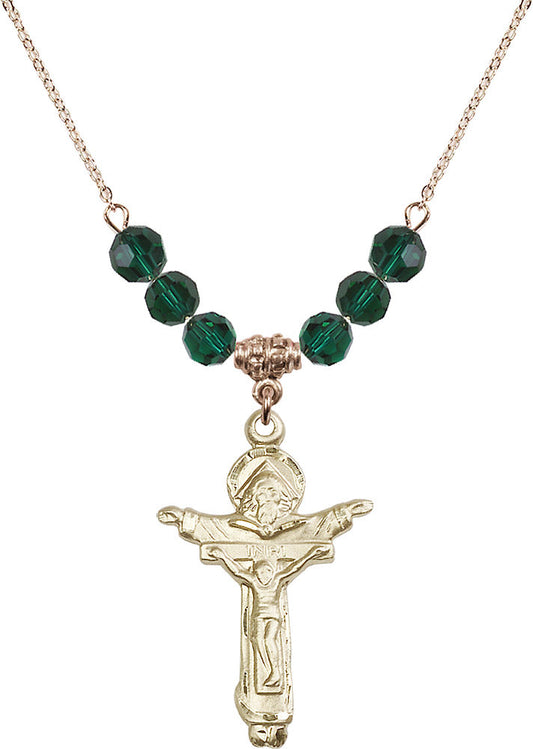 14kt Gold Filled Trinity Crucifix Birthstone Necklace with Emerald Beads - 0065